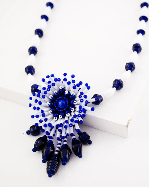 Beadwork necklace selling - Long floral geometric design beaded black blue yellow white