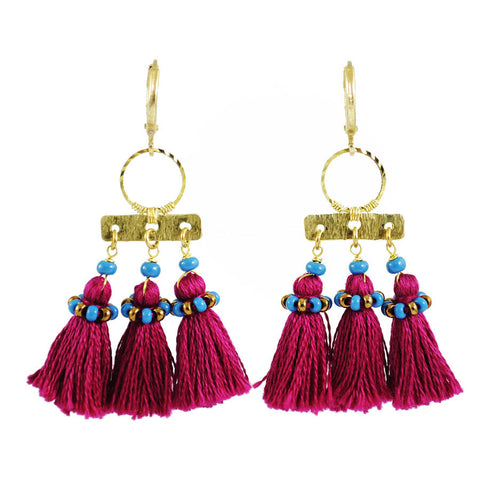 Burgundy tassel earrings | maroon gold tribal earrings | fringe earrin ...